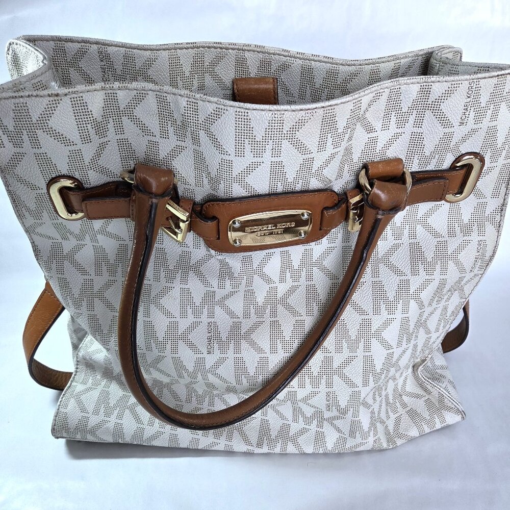 Michael Kors Hamilton White & Brown Leather Satchel Shoulder Bag